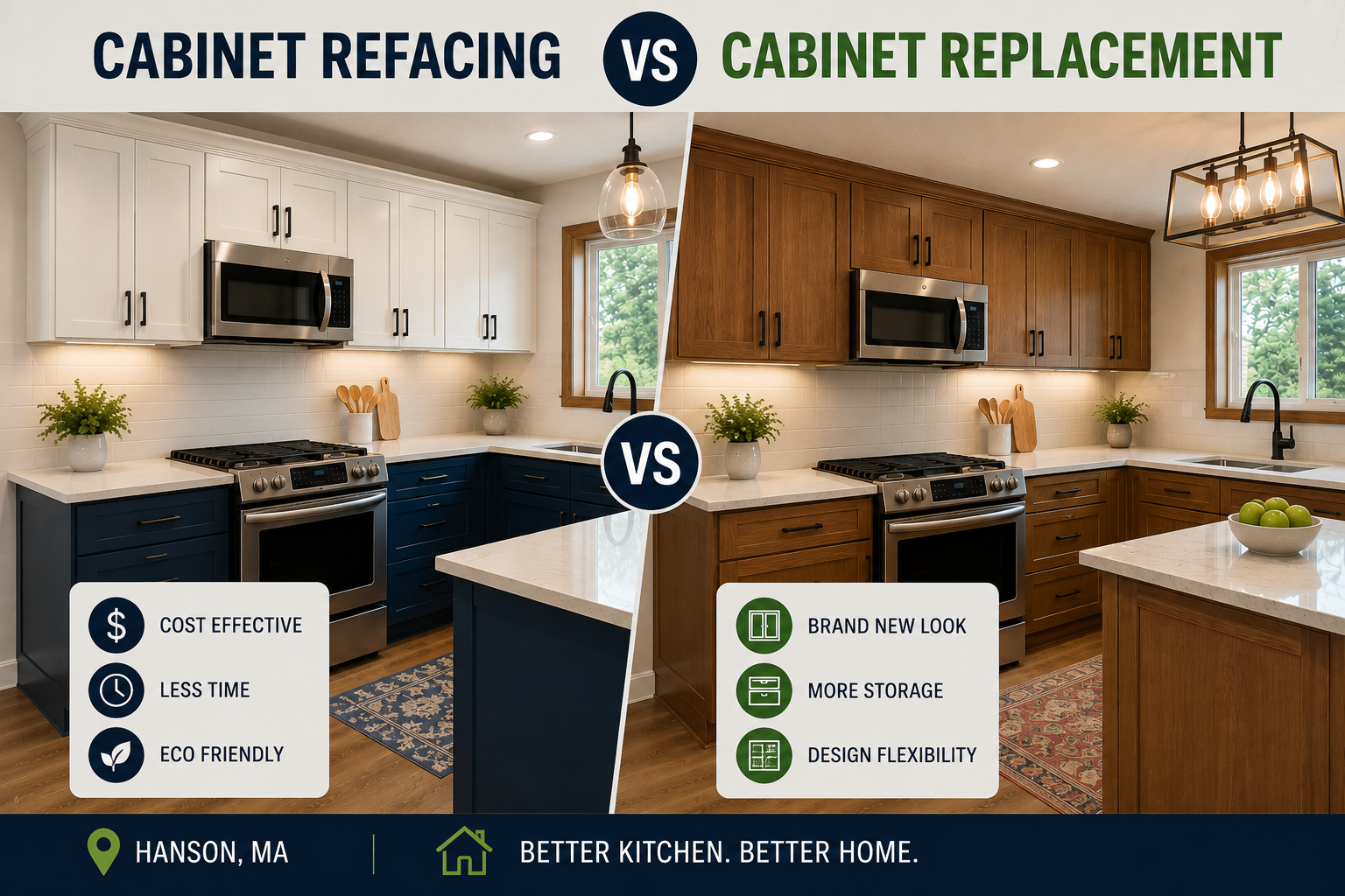 Cabinet refacing vs cabinet replacement kitchen comparison in Hanson, MA