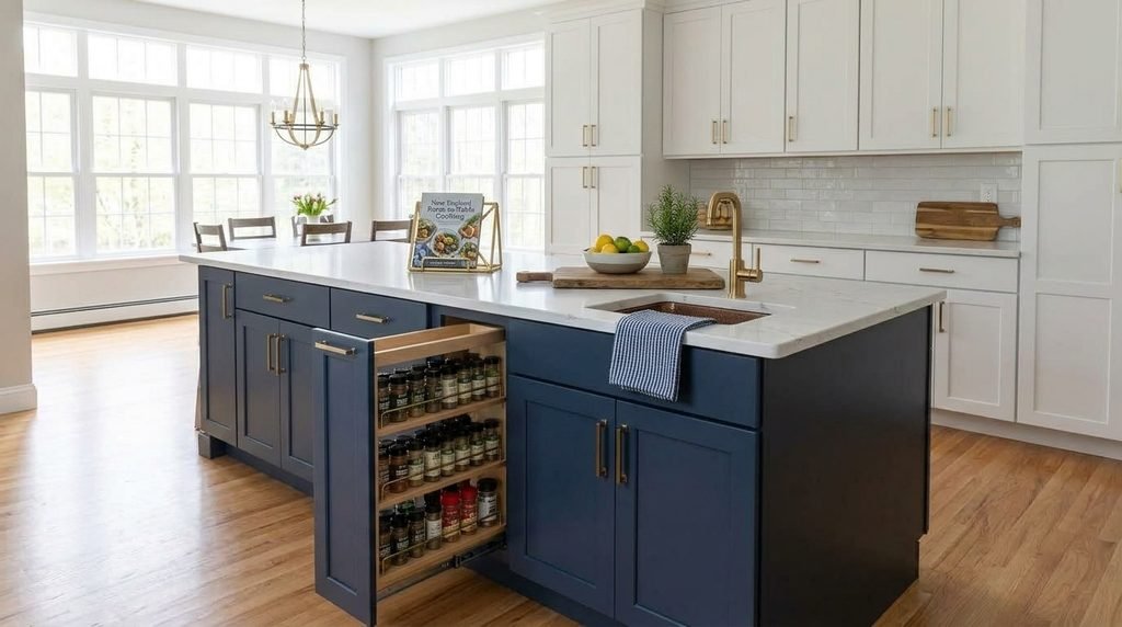 Modern kitchen featuring professionally refaced navy blue and white cabinets with updated hardware and a built-in spice rack.