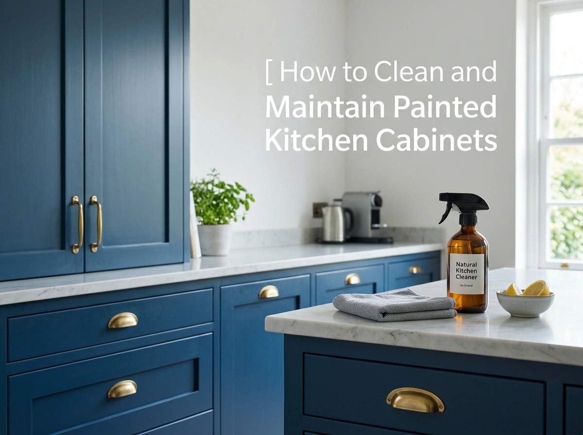 Blue painted kitchen cabinets with gold handles and natural cleaner spray bottle on marble counter