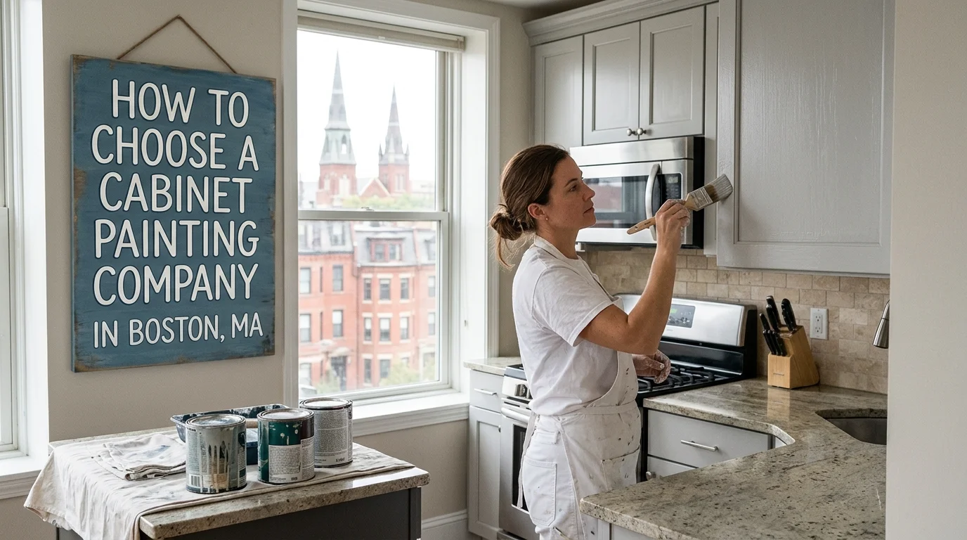 Woman painting kitchen cabinets with a brush during a cabinet painting project in Boston