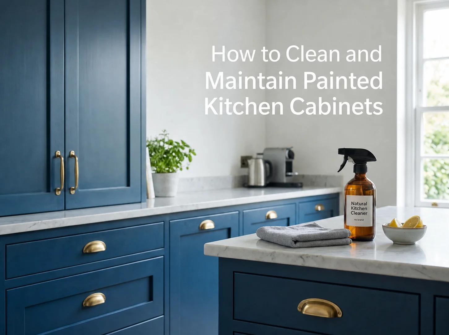 Blue painted kitchen cabinets with gold handles and natural cleaner spray bottle on marble counter
