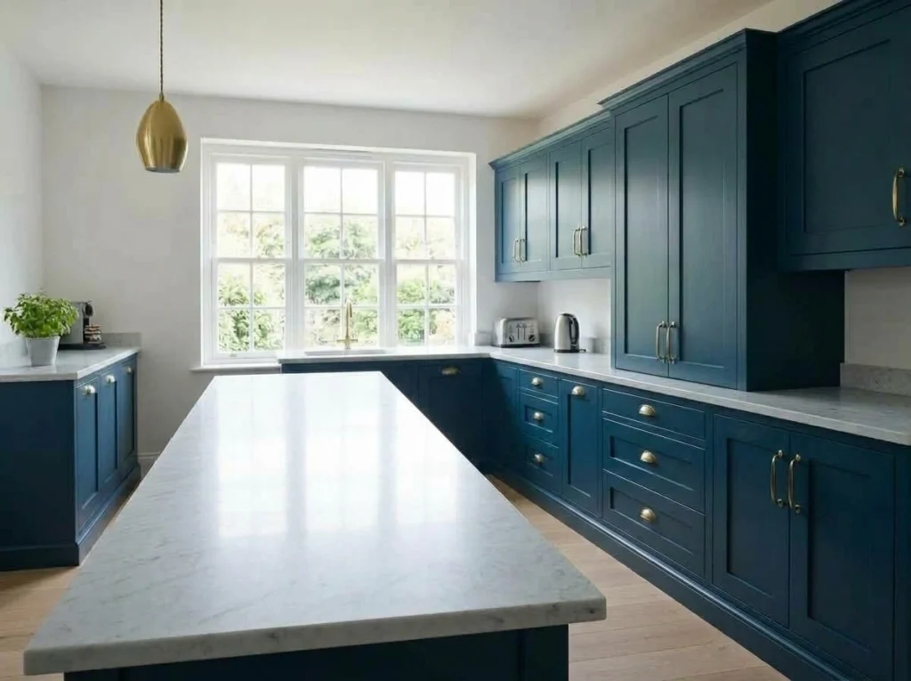 Clean painted navy kitchen cabinets with brass handles in a well-maintained bright kitchen