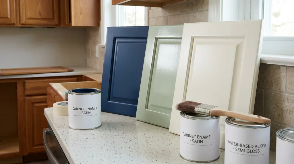 What Type of Paint Is Best for Kitchen Cabinets? Painted kitchen cabinet doors in navy blue, sage green, and white displayed with cabinet enamel and water-based alkyd paint cans on a countertop.