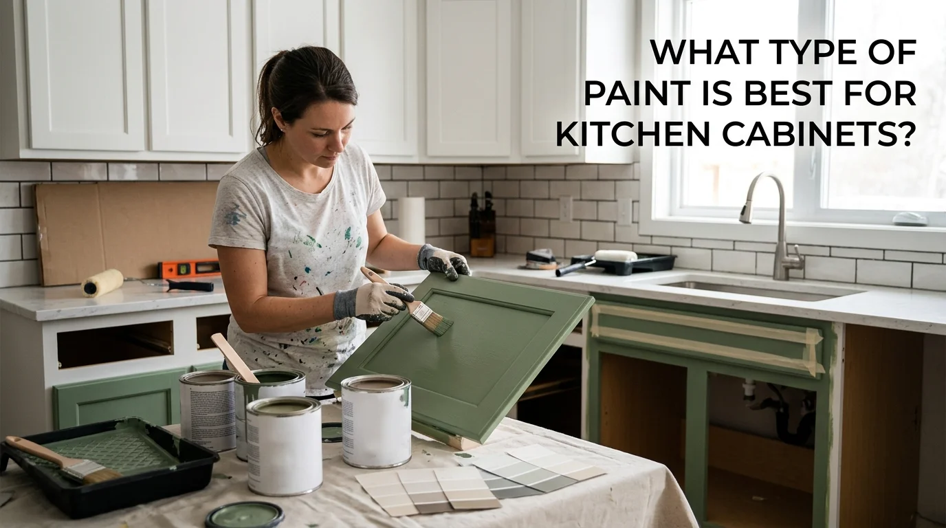 Woman painting a green kitchen cabinet door while comparing paint colors and supplies during a kitchen renovation.