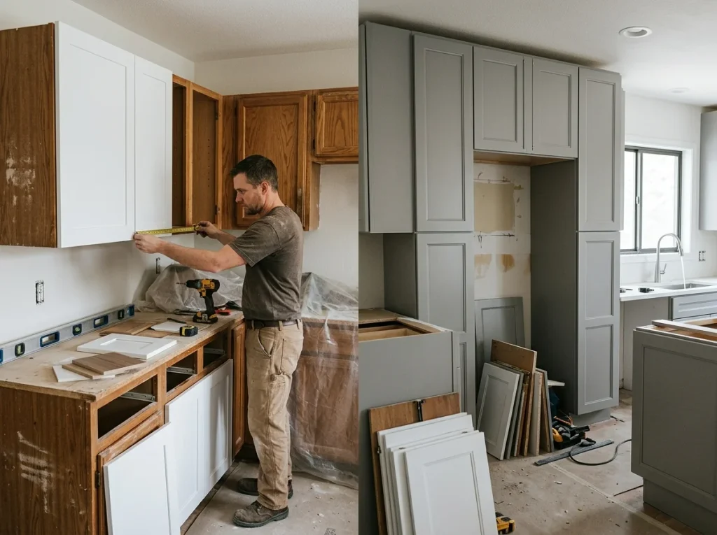 Cabinet refacing with new white doors and cabinet replacement with gray cabinets
