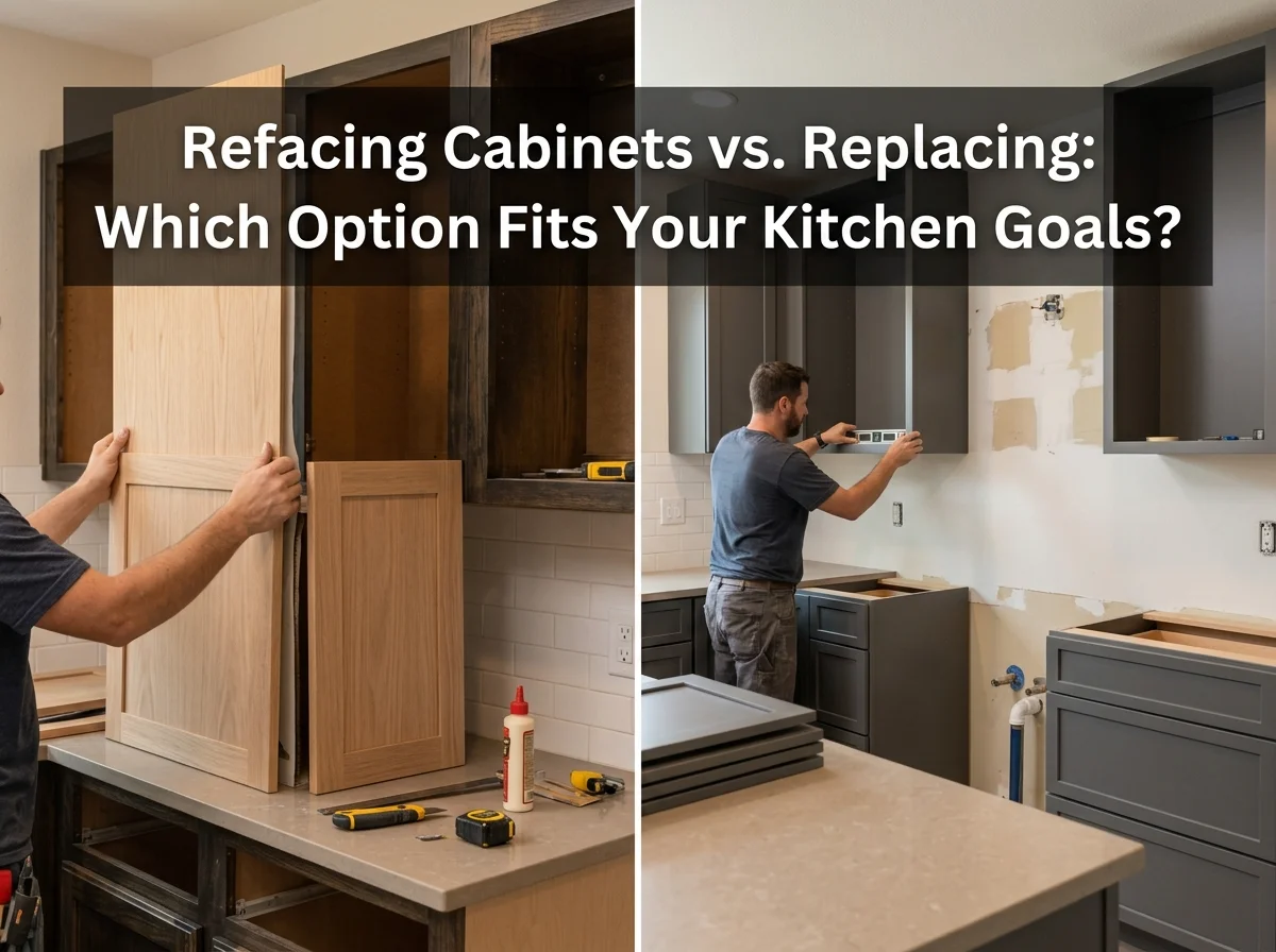 Two kitchen cabinet projects showing refacing and replacement side by side